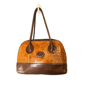 ORIFAZ Leather Satchel Handbag Tan/Brown Pre-Owned Floral Embossed Duck Logo